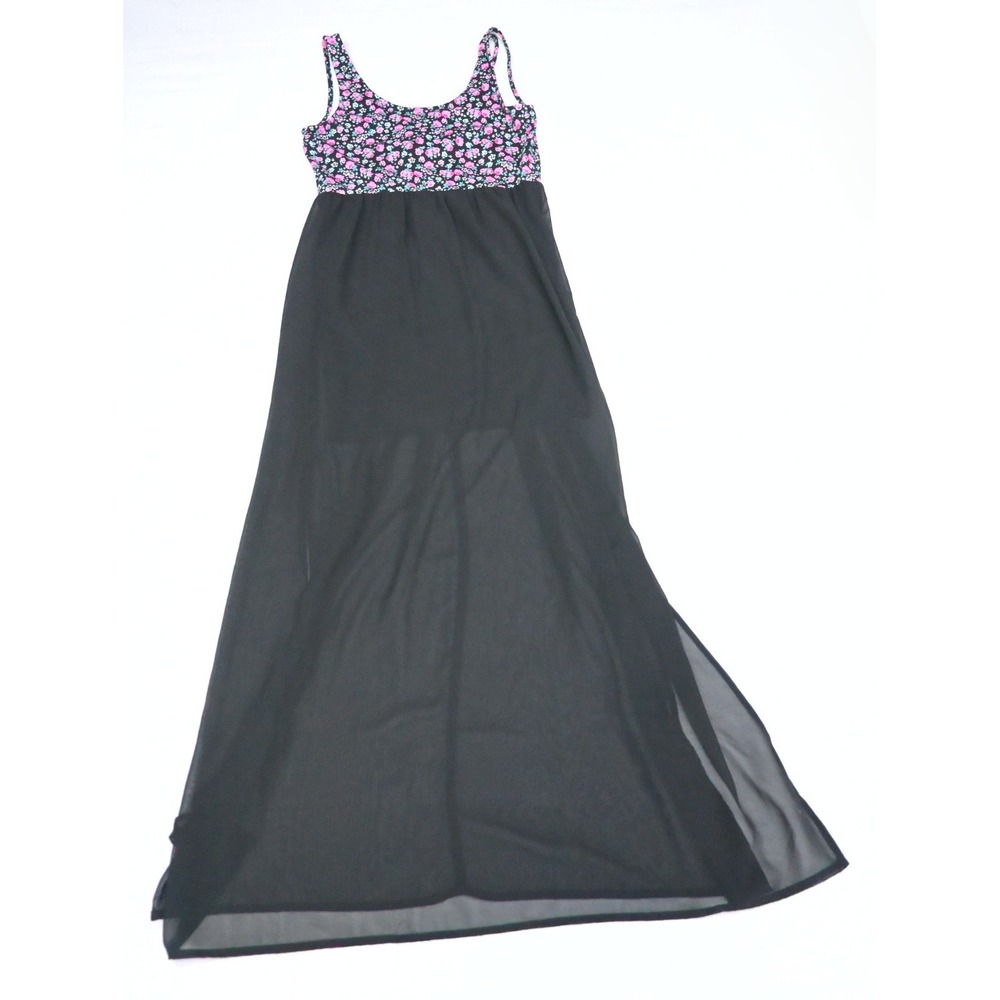 Divided H and M Womens 12 NWT Black Chiffon Maxi Dress Rose Print Knit Bodice